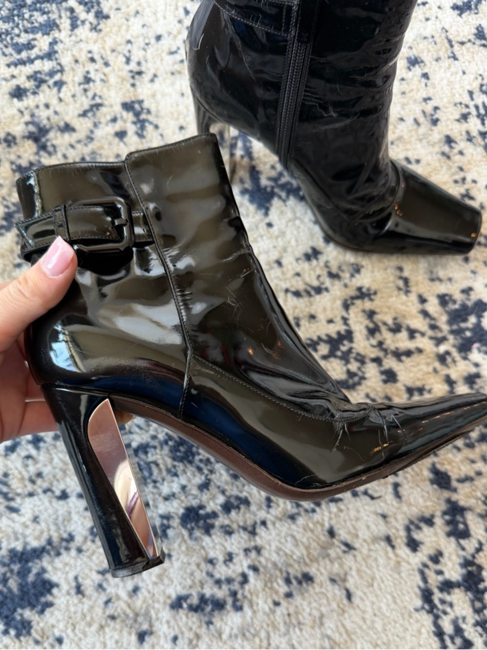 Louis Vuitton Black Patent Leather Ankle Booties with Sculpted Metallic Heel